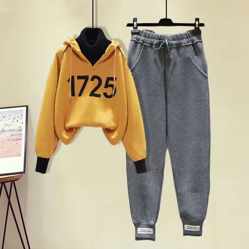 Autumn and Winter Long Sleeved Korean Hooded High Necked Hoodie with High Waist and Ankle Hoodie Two-piece Set Winter Clothes