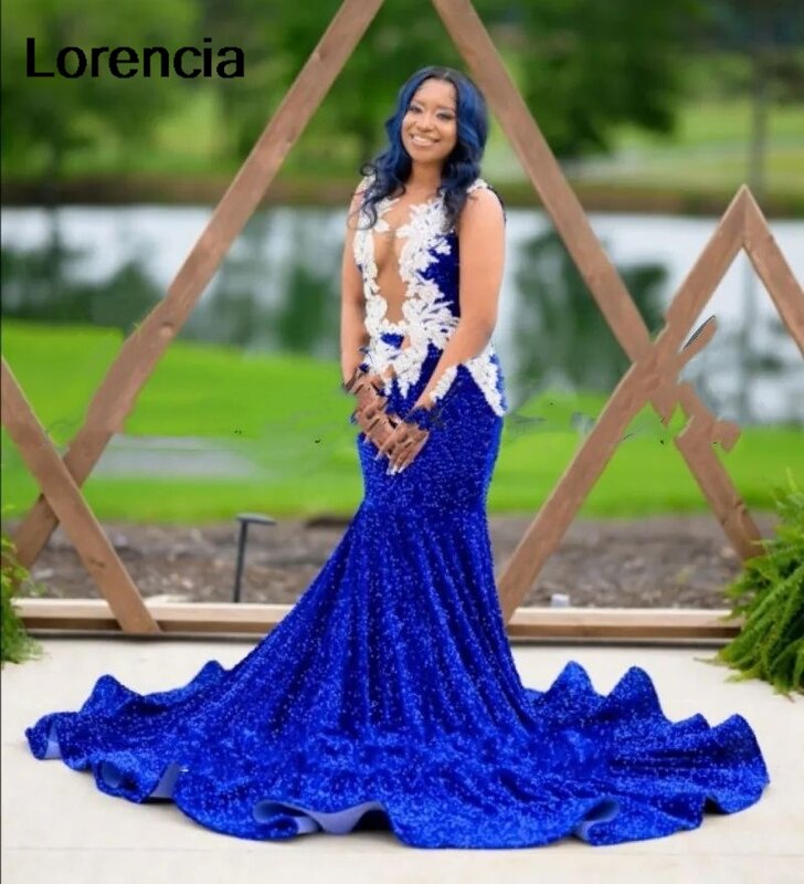 Lorencia Sparkly Royal Blue paillettes abito da ballo a sirena per ragazze nere perline cristalli donne africane abito da festa di compleanno YPD43