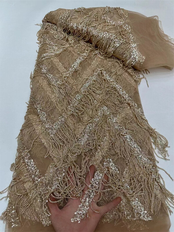 Tecido de renda africano com flor bordada, tecido nigeriano para costura, tule frisado 3D, pingente de luxo, Dubai, 5 jardas, 2024