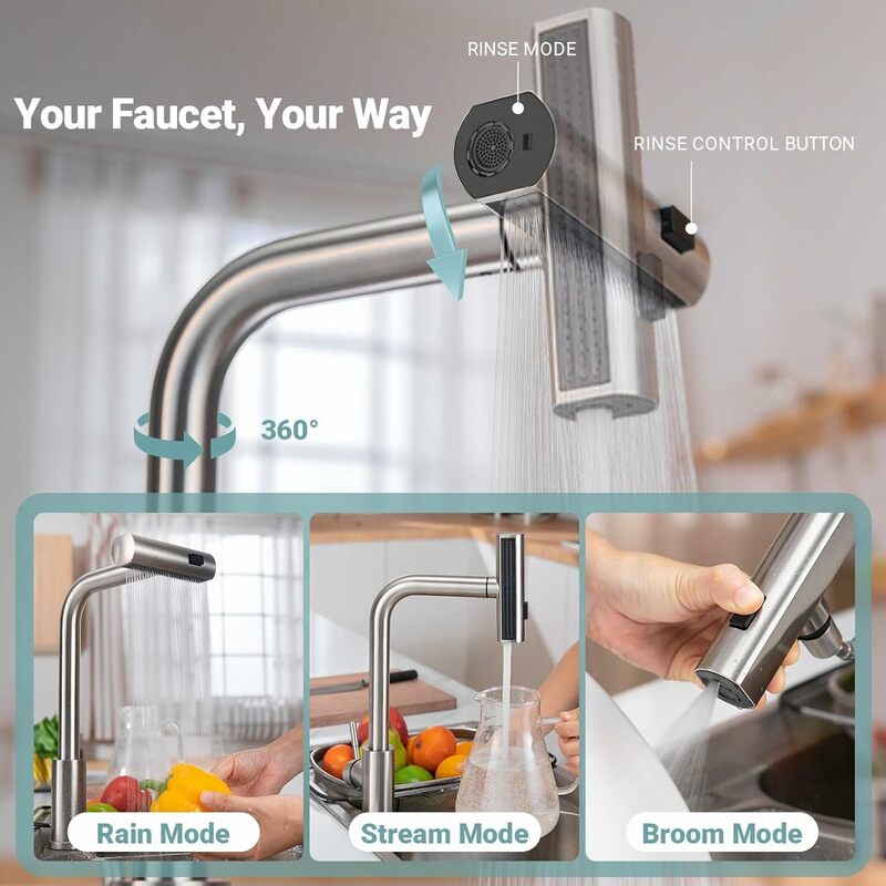 Puxe as torneiras de cozinha de rotação, Waterfall Stream Sprayer Head, Sink Mixer, quente e frio, único furo, Sink Wash Tap, 3 modos