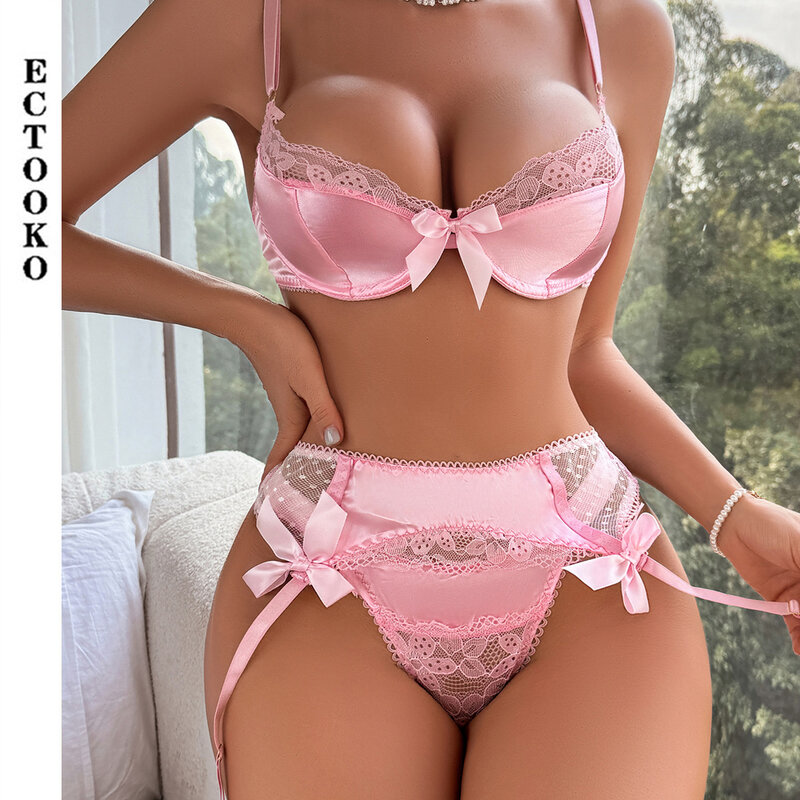 ECTOOKO-Ensemble trois pièces en dentelle rose, soutien-gorge à armatures, sous-vêtements sexy