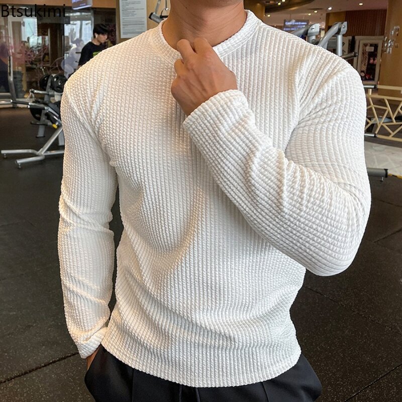2024 Men's Casual  Long Sleeve Knitted Pullovers O-Neck Solid Daily Sport T-shirts Simple Knit Tops Men's Bottoming Shirts Top