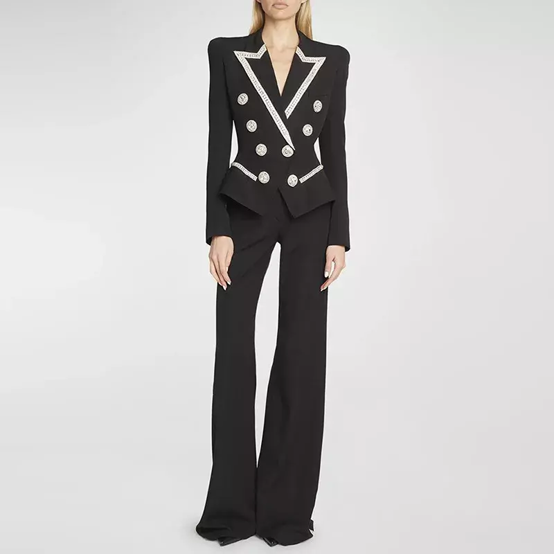 Kryształowe czarne damskie garnitury zestaw czarny blezer + spodnie damskie kurtka wiosenna biurowa damska odzież do pracy dwurzędowa sukienka na studniówkę