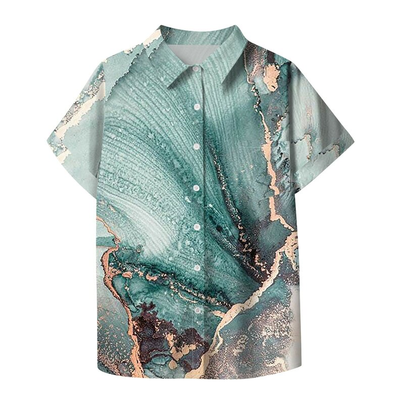 Blusa abotoada de mármore feminina, camisa manga curta, blusa casual com lapela, moda primavera e verão