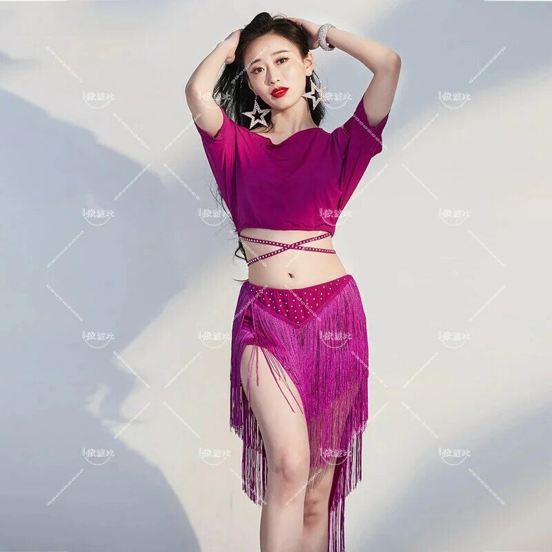 Belly Dance Training Suit Belly Dance Short Sleeves Top+Tassel Skirt Women Belly Dancing Performance Suit Female Oriental Outfit