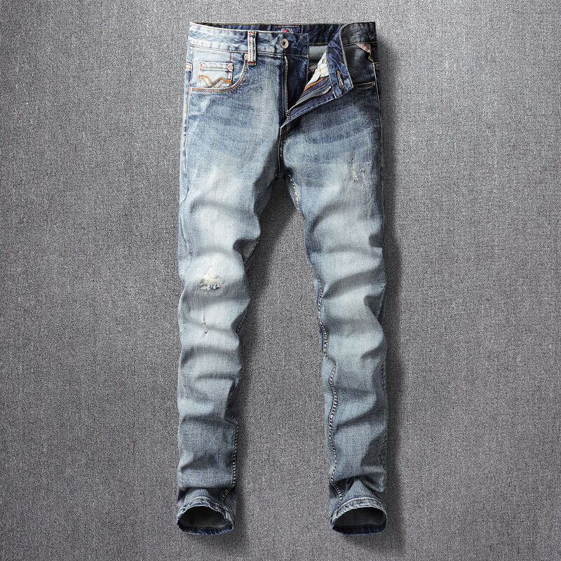 Jeans Pria Fashion Gaya Italia Celana Panjang Pria Jeans Sobek Pas Badan Elastis Biru Abu-abu Retro Celana Denim Desainer Antik Hombre