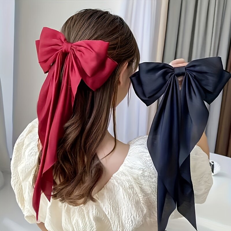 Заколка для волос с большим бантом женская, однотонная атласная лента, модный аксессуар на голову в Корейском стиле, лето 2023