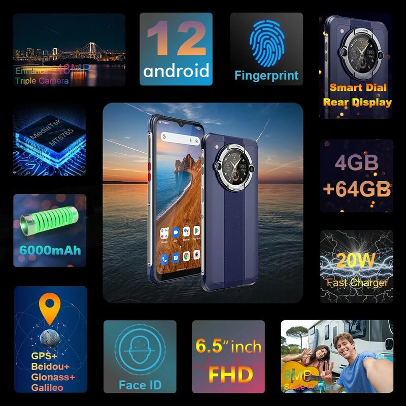 Ponsel Pintar Android Unihertz Tick Tok E Octa Core 6000MAh Layar 6.5 "Ponsel 4GB 64GB Buka Kunci 48MP Ponsel Pengisi Daya Cepat