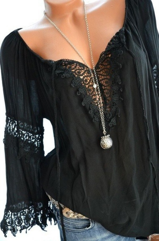 Женские кружевные блузки 2022, летняя свободная Однотонная рубашка с длинным рукавом и кулиской в стиле пэчворк, женские топы, повседневная женская одежда с вырезами
