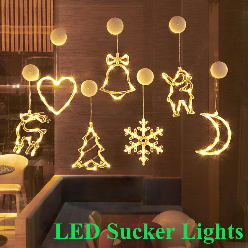 Cadena de luces LED para decoración de Año Nuevo, cadena de luces creativa con forma de copos de nieve, estrellas, Papá Noel, guirnalda de Navidad alimentada por batería