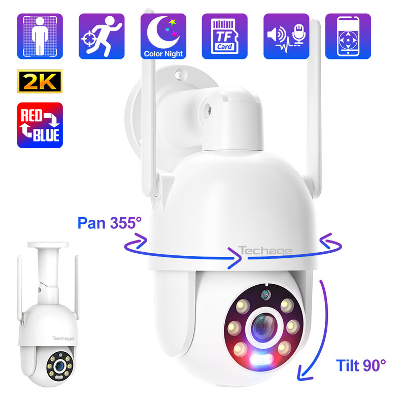 Techage 2K Wireless IP Camera 4MP Outdoor PTZ WIFI Camera Red-Blue Light Alert Human Detected Colorful Night Vision Security Cam