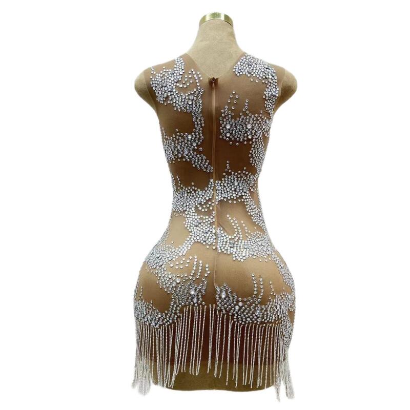 Silver Crystals Chains Sexy Fringes Dresses for Women Celebrate Mini Dress Birthday Dance Outfit Prom Party Dress Shuilianhua