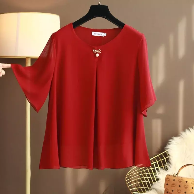 Blusa informal de Chifón con dobladillo para mujer, camisa de manga corta con pliegues sólidos, talla grande 6XL