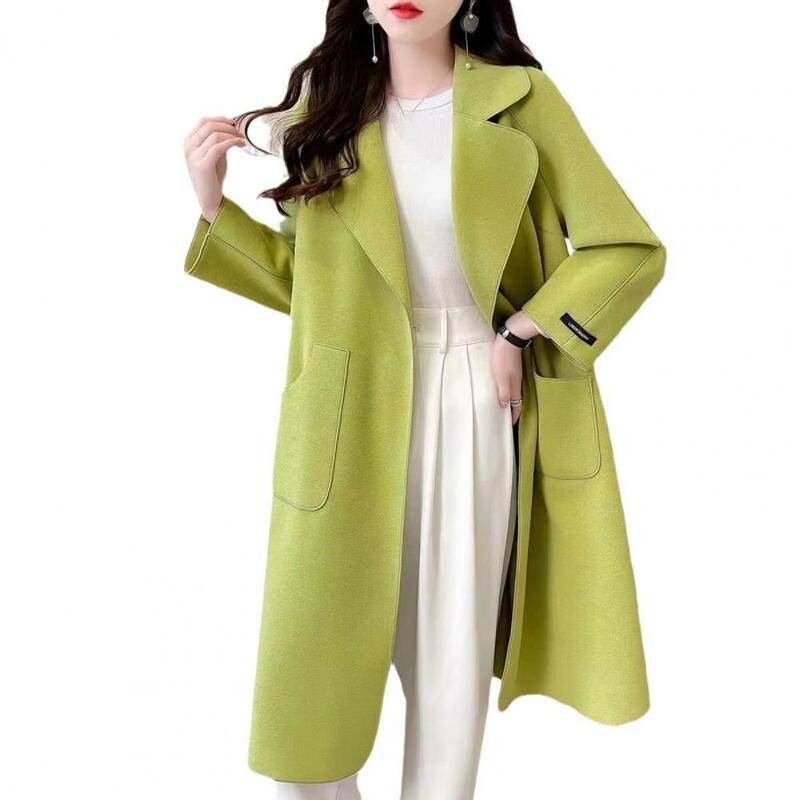 Gabardina de longitud media para mujer, abrigo de Color sólido con cuello vuelto, bolsillos de puntada abierta, Material grueso cálido para otoño