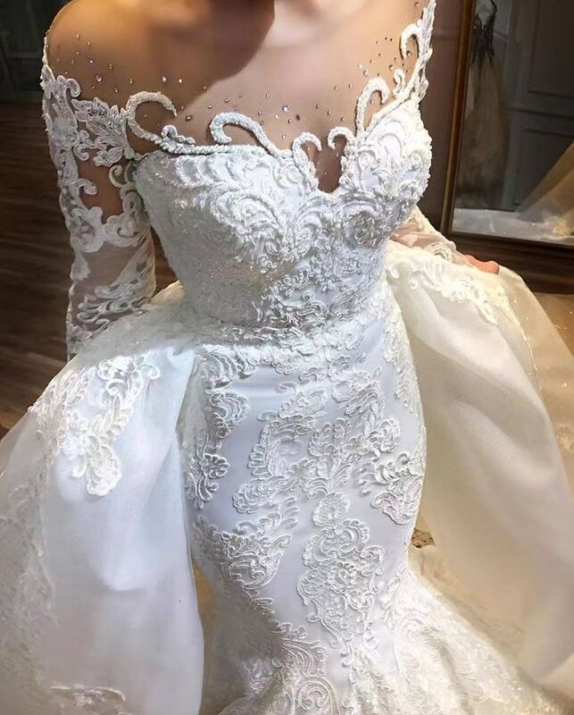 Arabische Meerjungfrau Brautkleider Boho Langarm luxuriöse Kristall Spitze Applikationen Brautkleid nach Maß mit abnehmbaren Zug
