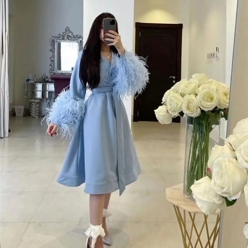 Blue Feather Short Party Dress V Neck Prom Dresses For Women Long Sleeve Arabic Special Occasion Dress Night Club Gown