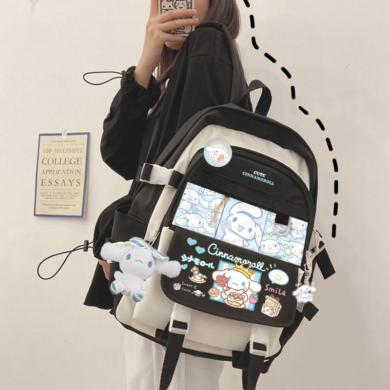 Anime Sanrio Plush Toy Backpack para Crianças, Cinnamoroll Mochila Preto e Azul Mochila Escolar Estudante Kawaii, Bolsa de Computador, Presente para Menina e Menino