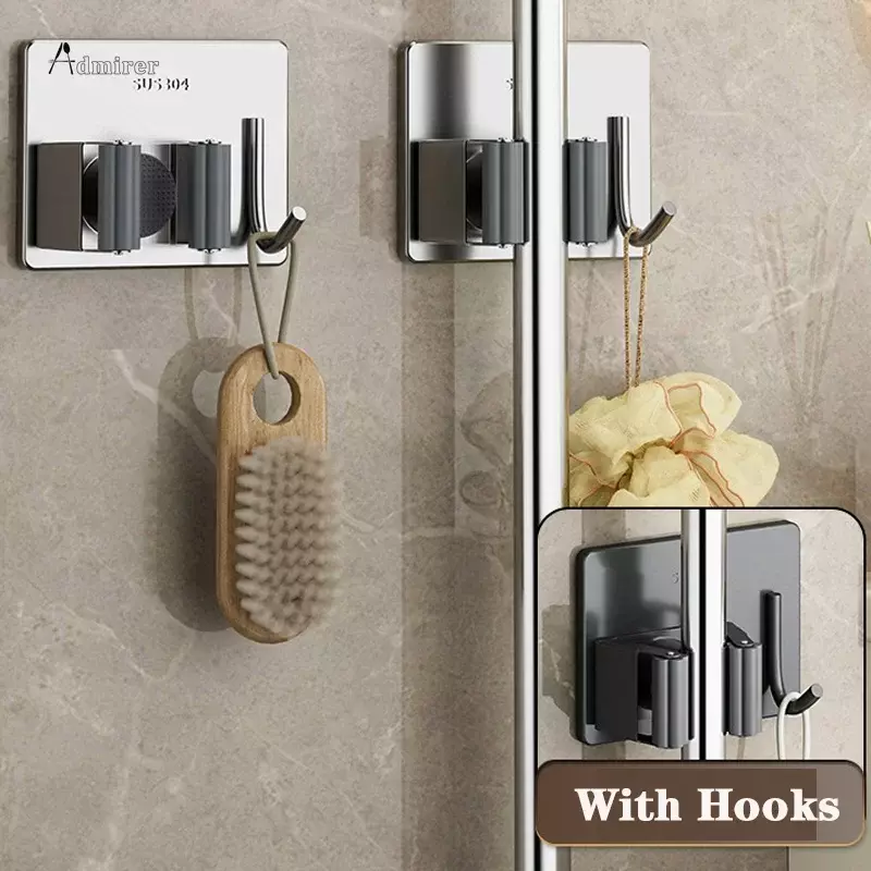 Wall Mounted Mop Organizer Clips Self-Adhesive Bathroom Mop Broom Hanger Holder Rack Hooks 304 Stainless Steel Mop Clip Clamp