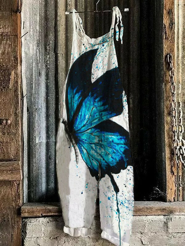 Macacão confortável solto estampado em 3D feminino, moda borboleta boêmia, calça cargo vintage, verão