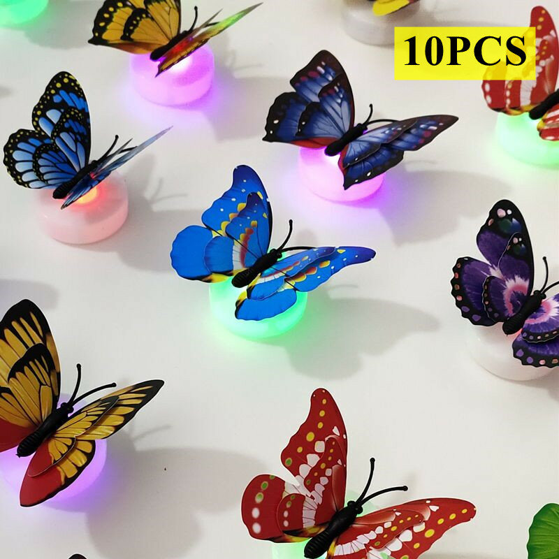 Luces LED de noche de mariposa 3D, 10 piezas, coloridas, luminosas, alimentadas por electrones, para decoración del hogar, Festival, boda