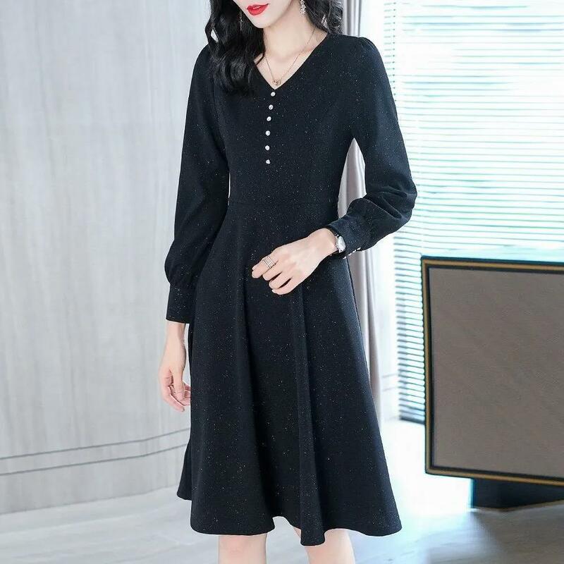 Fashion Office Lady Black Slim Long Sleeved Dress Autumn Solid Color V-neck Popularity Slender Comfortable Women's Clothing 2022
