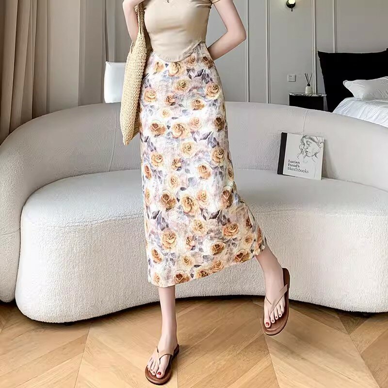 Luxury French Vintage Rose Printing Midi Skirt For Women's Summer Elegant High Waist Wrap Hip Mid Length Split A-line Skirt