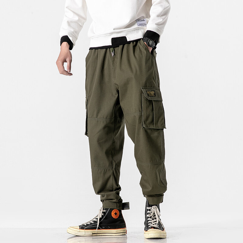 Pantalones Cargo de algodón para hombre, ropa de calle masculina con cintas, informales, ajustados, con bolsillos laterales