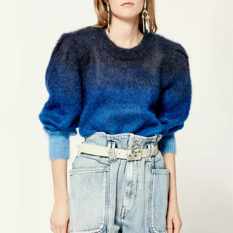 Suéter de punto de manga larga con cuello redondo para mujer, suave y cómodo, degradado, suelto, informal, otoño
