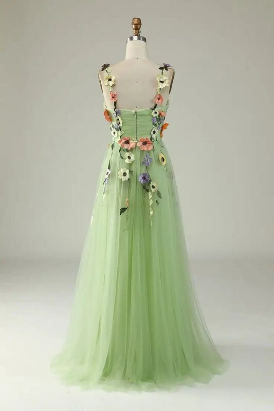 Embroidery Pastoral Style Green Flower Suspender Strapless Floor-length Skirt Sleeveless 's Women Birthday dance dress