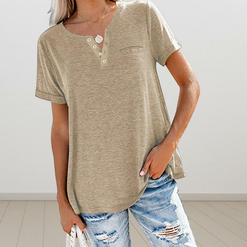 V-neck Tee Stylish Women's V-neck T-shirt with Buttons Pocket Solid Color Loose Fit Tee Shirt for Summer Streetwear Women