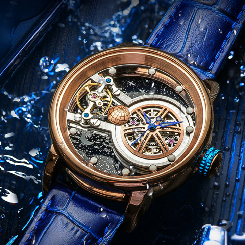 HANBORO Luxuri-Reloj de pulsera mecánico para hombre, cronógrafo con diseño de cielo estrellado, tema de la tierra, automático, Herren Uhr