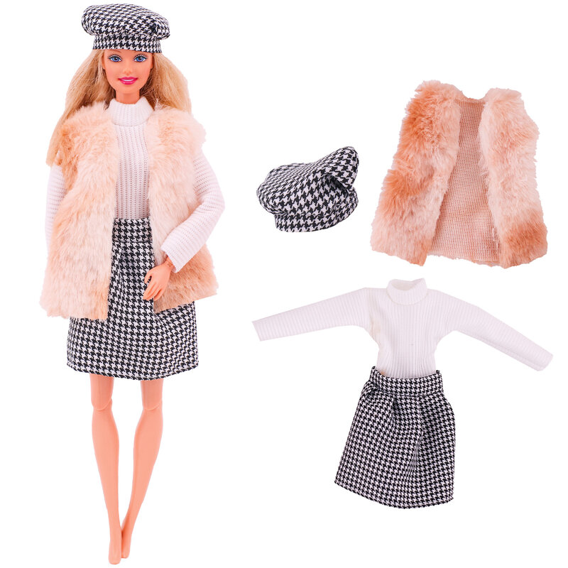 4 Pcs/Set Fur Vest Coat + Dress/Casual Outfit for Barbies 11.8 inch Doll Clothes Accessories Plush Jacket Celebrity,Child's Gift