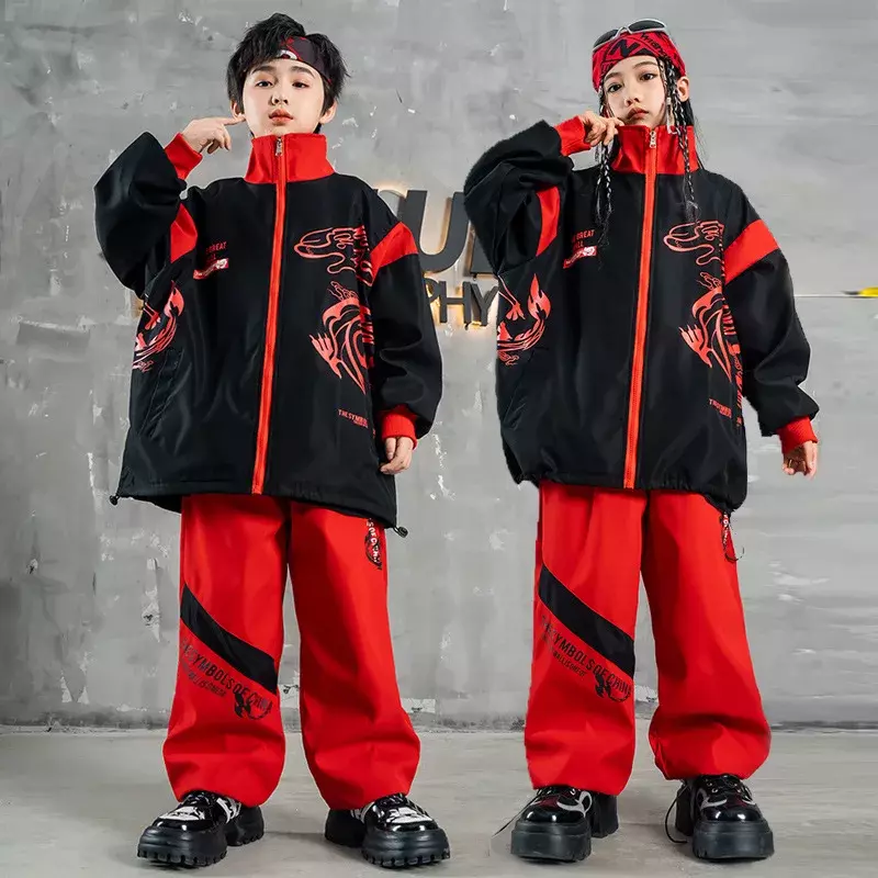 Disfraces de actuación de coro para niños, estilo chino, disfraces de baile callejero para niños, moda hip-hop, felpa y engrosada