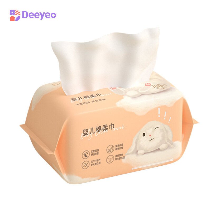 Deeyeo Thicken Face Towel Disposable Rabbit Pattern Cotton Towel Soft and Skin-friendly for Sensitive Skin Facial Tissues