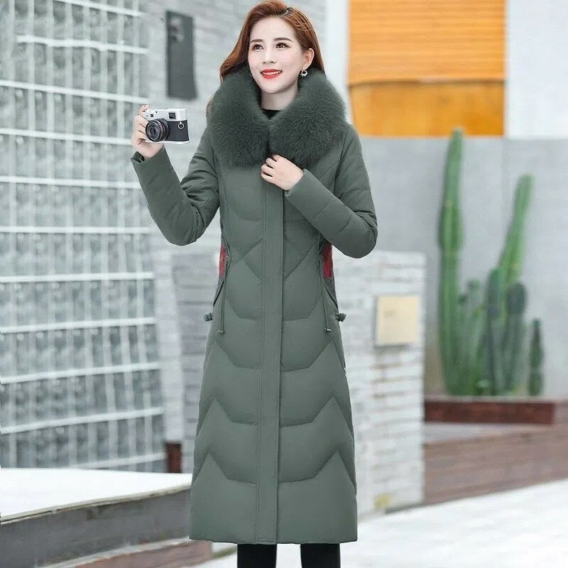 2023 New Down Cotton-Padded Jacket Women's Long Over-The-Knee Slim Padded Long Embroidered Coat Tide With Large Fur Collar
