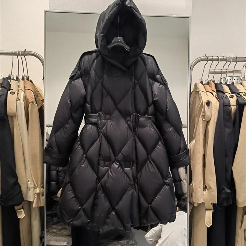 Czarne zimowe nowe z kapturem typu Oversized średniej długości damskie puchowa kurtka bawełniana luźne i ciepłe parki