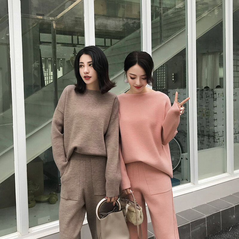 Women's Knitted 2 Pieces Home Suit Autumn Thick Warm O-neck Loose Sweater+Ankle-Length Pants Sleepwear Warm Cashmere Tracksuits