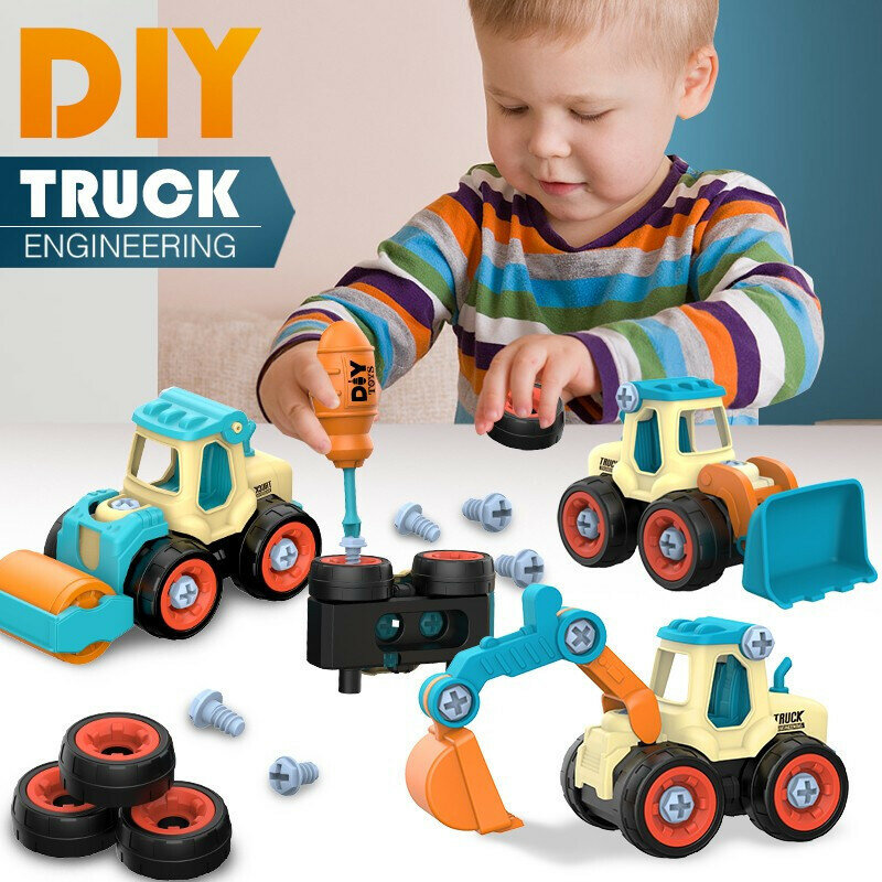 Mainan edukasi anak-anak, bongkar pasang mur kendaraan konstruksi, truk teknik DIY sekrup Rakitan