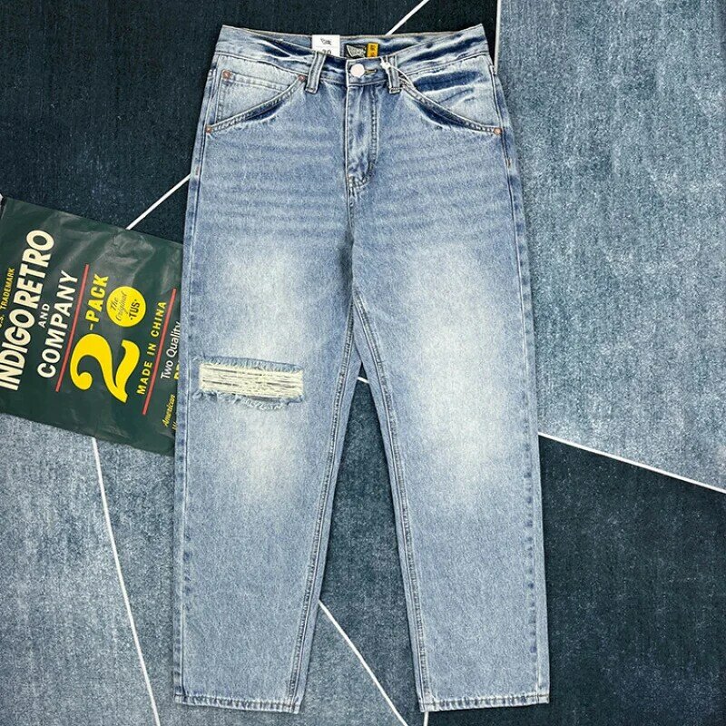 Jeans Denim pria, celana Denim biru muda longgar kasual lubang robek Vintage Amerika untuk lelaki musim panas musim semi Y2k