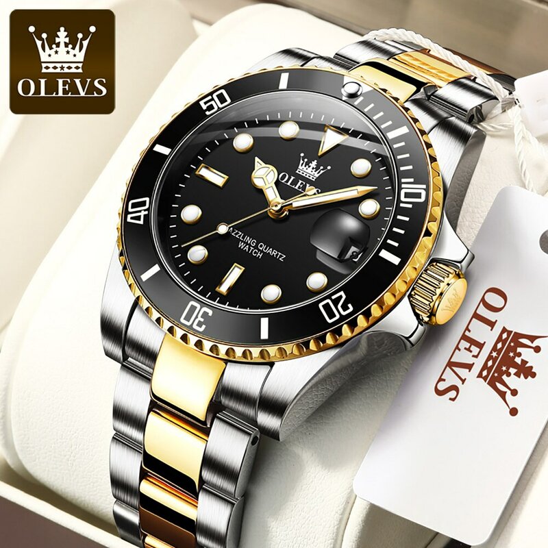 Olevs top original herren quarz uhr grün wasserdichte uhr für männer edelstahl quarz herren luxus uhr leuchtende armbanduhr