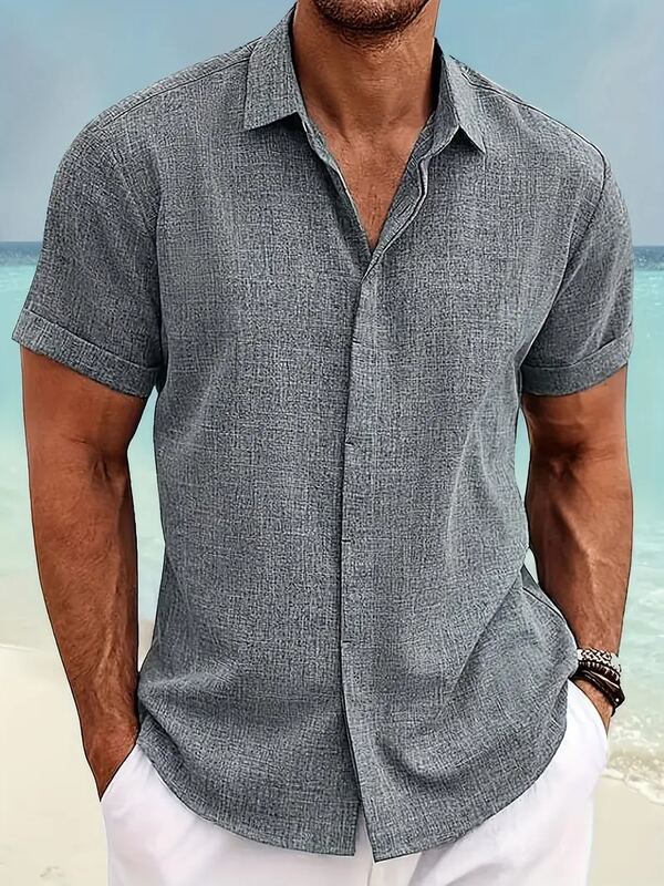 Camisa de lapela de manga curta masculina, fivela escondida, estilo praia casual, top de rua, cor sólida, moda verão, venda quente, novo, 2022