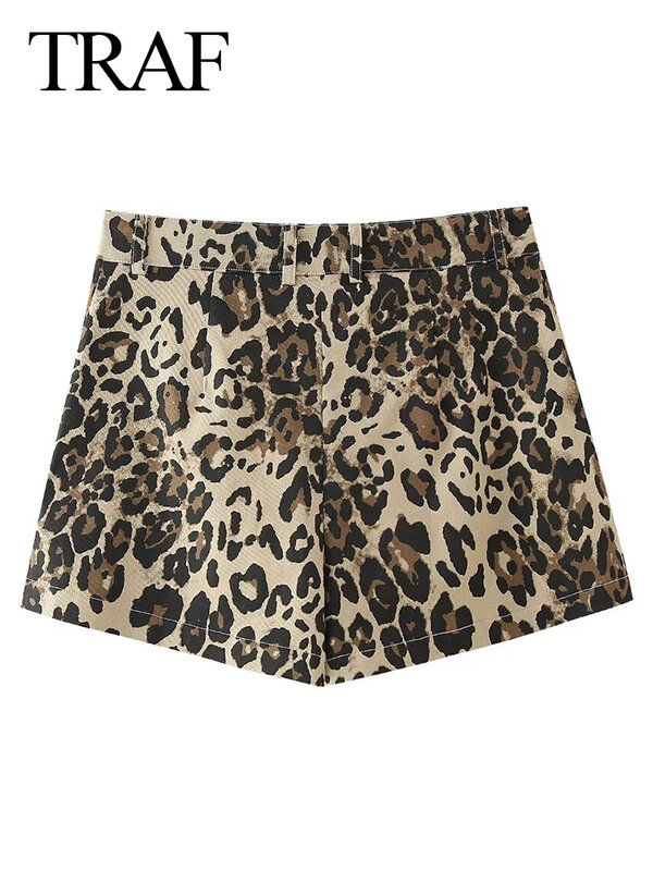 Женские короткие леопардовые шорты TRAF, летние прямые Изношенные брюки с высокой талией, уличная одежда, винтажные шорты А-силуэта с широкими штанинами, 2024