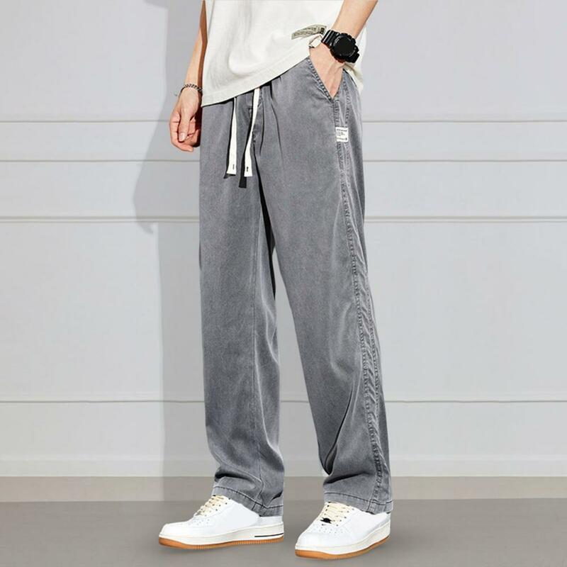 Męskie jeansy oddychające na co dzień prosta szeroka nogawki długie spodnie dżinsowe elastyczny pas do kostek dżinsy rekreacyjne Streetwear