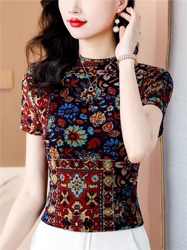 Женская Сетчатая футболка с цветочным принтом, круглым вырезом и коротким рукавом
