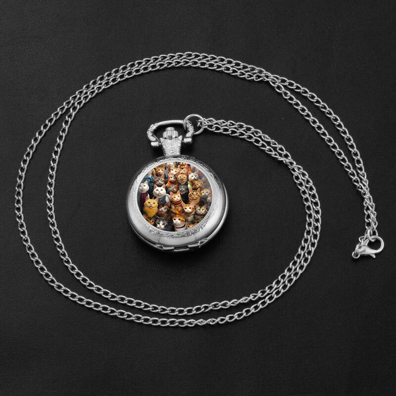 Jam tangan saku Quartz antik kucing lucu kalung kubah kaca liontin unik jam tangan perak Aksesori hadiah anak-anak