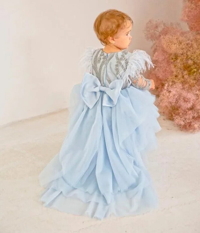 Cute Blue Flower Girl Dress For Wedding Applique Beading Tulle Layered Puffy With Bow Kids Birthday Party First Communion Gowns