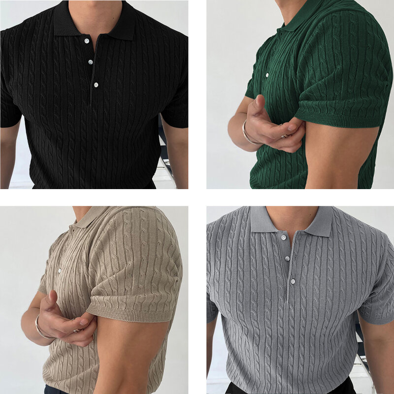 EUR Size Top-Quality New Lapel Mens Solid Color Short-sleeved Polo Shirt Sweaters British Slim Knitted Striped Casual Golf Shirt