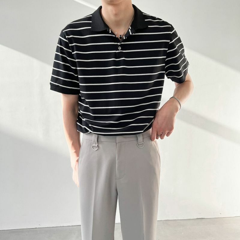 남성용 블랙 화이트 줄무늬 폴로 셔츠, 한국 남성 티셔츠, 다목적 패션, 캐주얼 라펠, 루즈 반팔 상의, 여름 의류