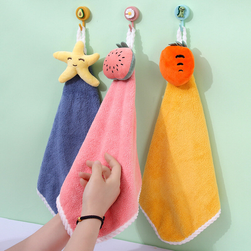 Toalla de mano con patrón de frutas de dibujos animados para niños, absorción de agua para el hogar, inodoro, cocina, toallas colgantes encantadoras