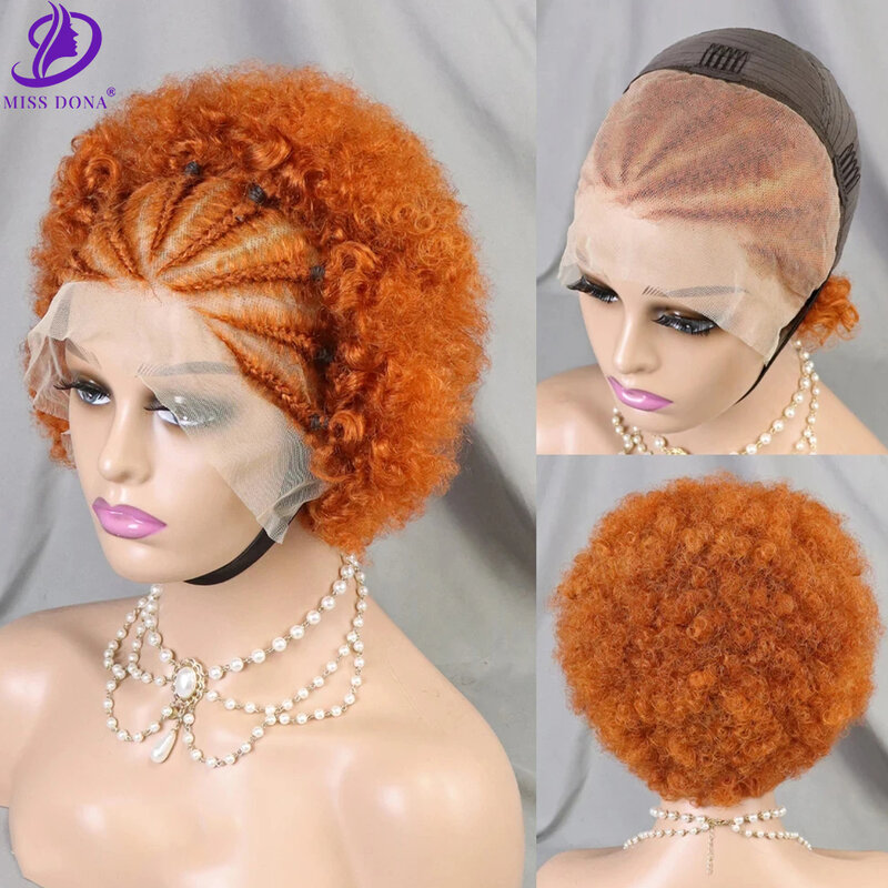 MissDona-Peluca de cabello humano rizado con malla frontal para mujer, cabellera Afro hinchable de jengibre con trenzas, 13x4, 100%